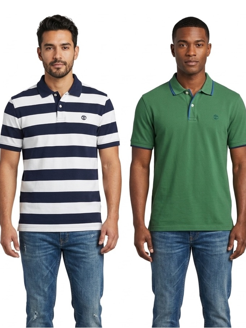 Bundle of 2 Timberland Polo Shirts – Striped & Solid Green Cotton Size Large